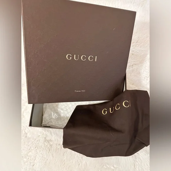 Authentic Gucci GG Logo Embossed Dark Brown Medium Gift Box, Tissue Paper & Bag